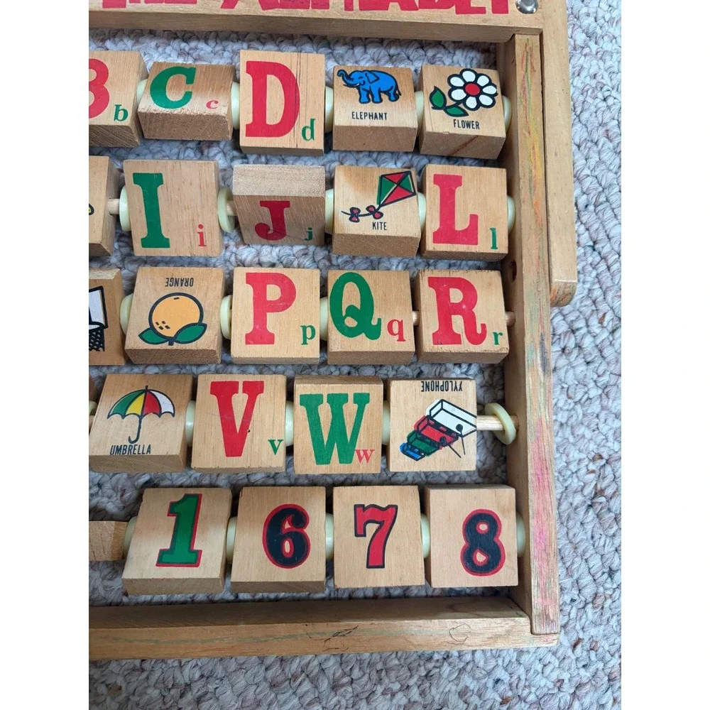 Vintage Wooden Alphabet Abacus Learning Toy Letters Numbers Blocks